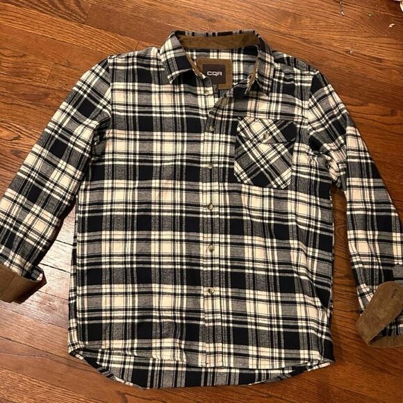 CQR Plaid Flannel Corduroy Cuff Size XL Cream & Black Button Up !See Sz Details - Picture 1 of 6